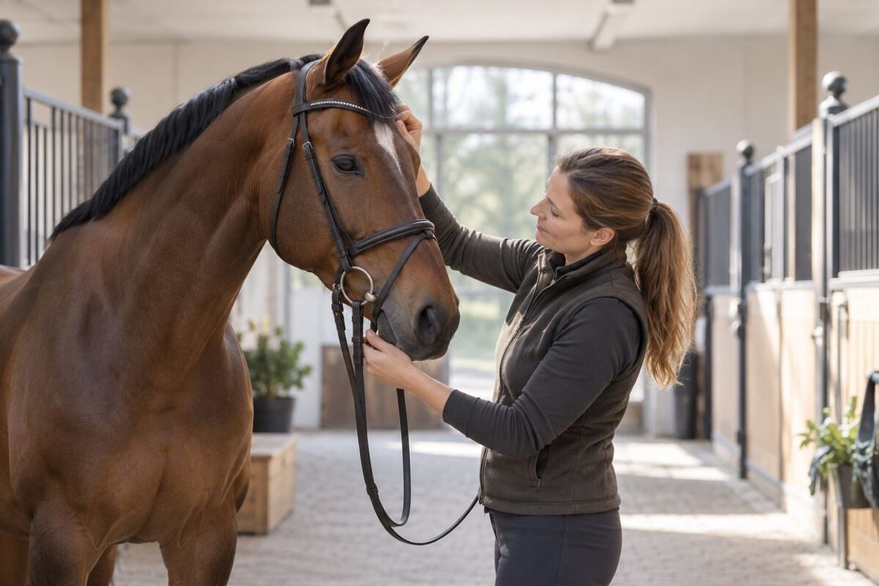 Begeleider controleert rustig de pasvorm van het hoofdstel bij een jong paard in de stal.