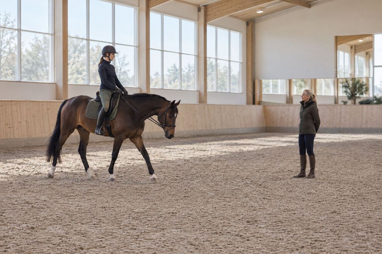Entrenador y jinete evalúan el equilibrio y el contacto del caballo durante una sesión tranquila.